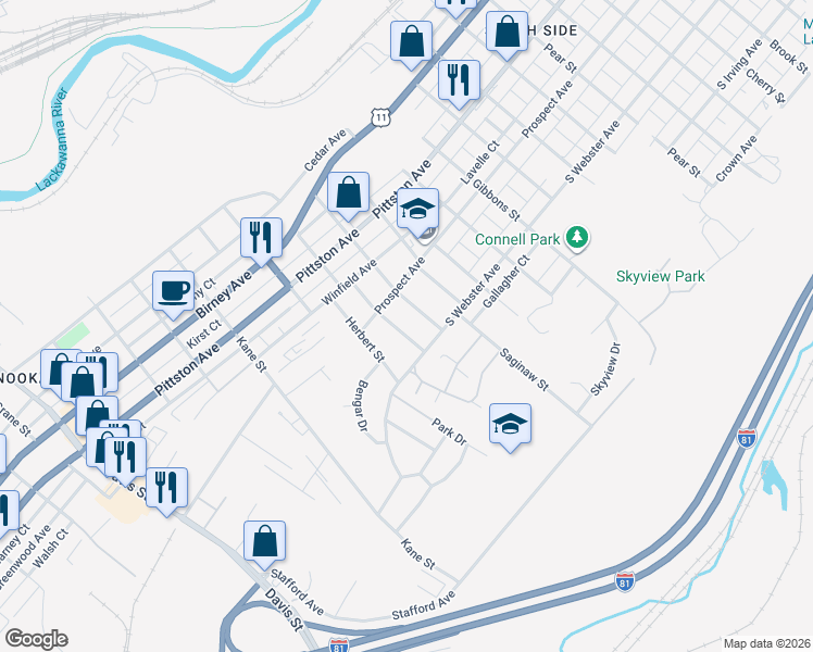 map of restaurants, bars, coffee shops, grocery stores, and more near 2415 Prospect Avenue in Scranton