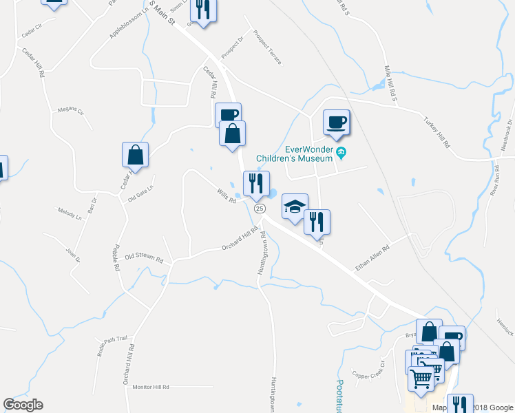 map of restaurants, bars, coffee shops, grocery stores, and more near 165 South Main Street in Newtown
