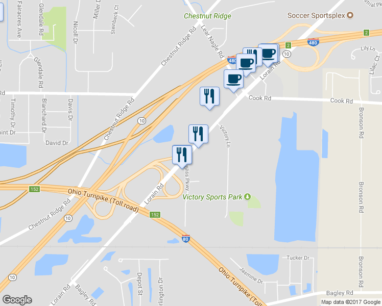 map of restaurants, bars, coffee shops, grocery stores, and more near 32801 Lorain Rd in North Ridgeville