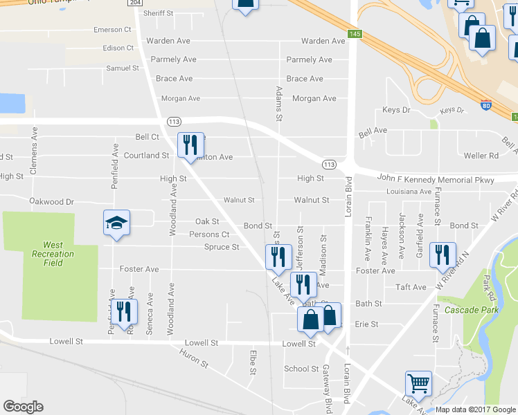 map of restaurants, bars, coffee shops, grocery stores, and more near 820 Walnut Street in Elyria