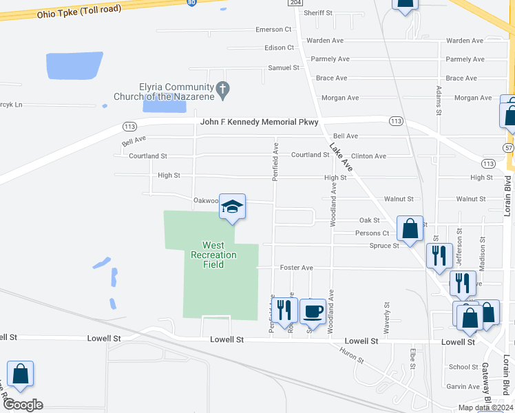 map of restaurants, bars, coffee shops, grocery stores, and more near 918 Oakwood Drive in Elyria