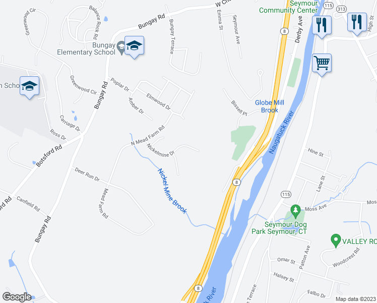 map of restaurants, bars, coffee shops, grocery stores, and more near 14 Nickelmine Drive in Seymour