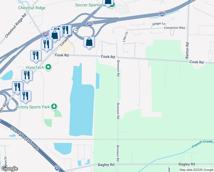 map of restaurants, bars, coffee shops, grocery stores, and more near 7538 Bronson Road in Cuyahoga County