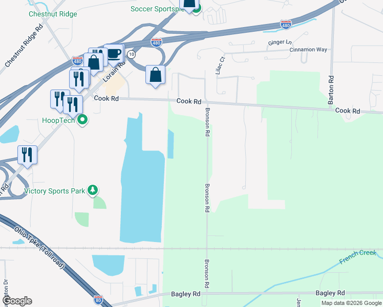map of restaurants, bars, coffee shops, grocery stores, and more near 7538 Bronson Road in Cuyahoga County