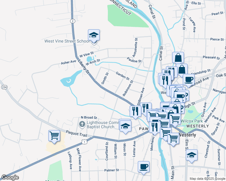 map of restaurants, bars, coffee shops, grocery stores, and more near 8 Wells Avenue in Stonington