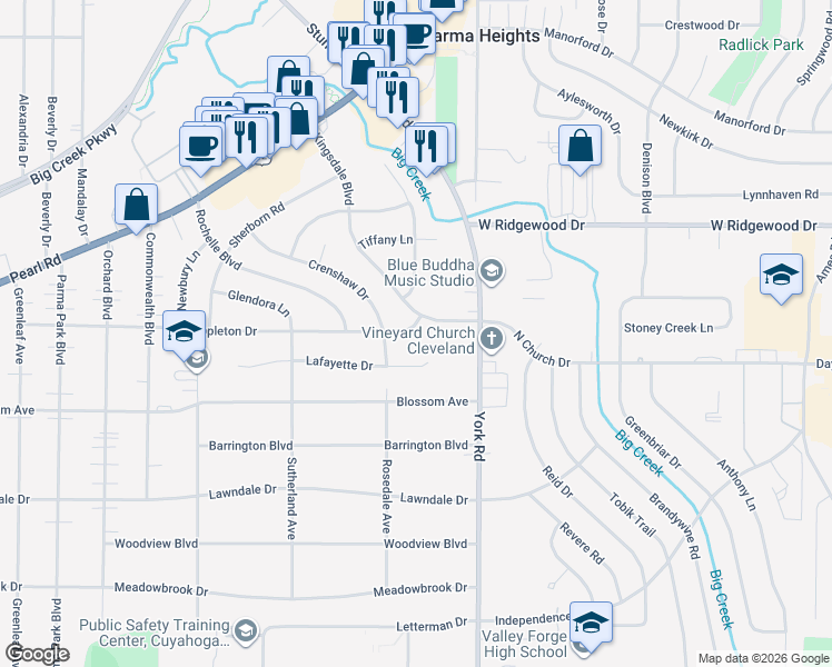 map of restaurants, bars, coffee shops, grocery stores, and more near 6655 Kingsdale Boulevard in Parma Heights
