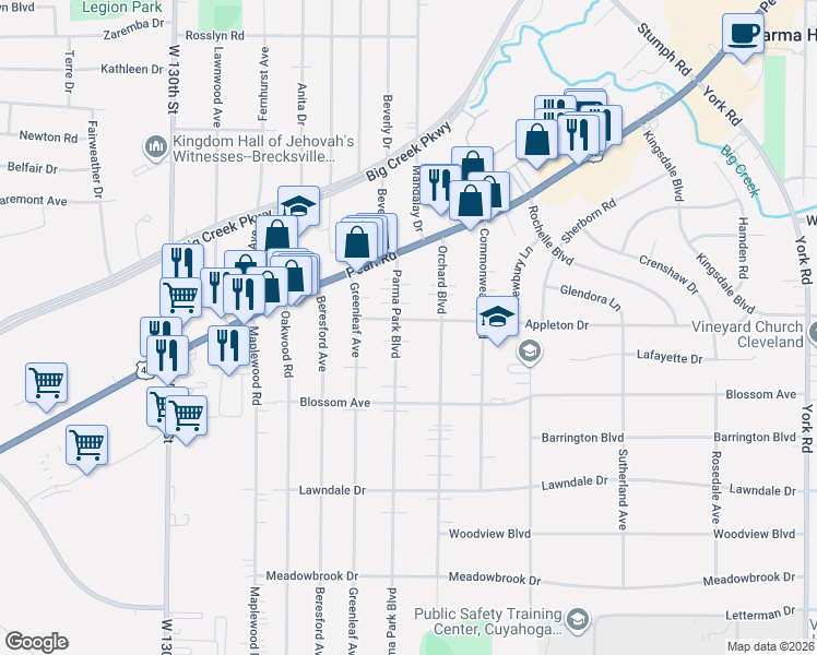 map of restaurants, bars, coffee shops, grocery stores, and more near 6687 Parma Park Boulevard in Parma Heights