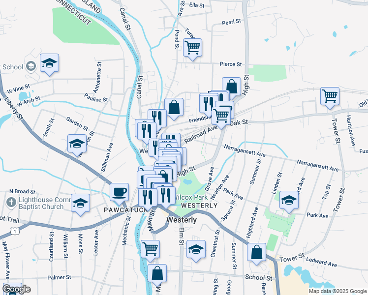 map of restaurants, bars, coffee shops, grocery stores, and more near 10 Railroad Avenue in Westerly