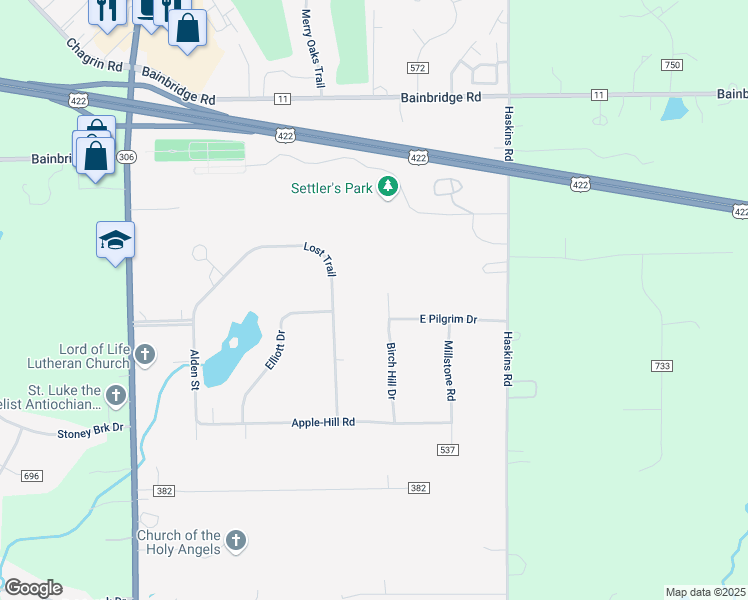 map of restaurants, bars, coffee shops, grocery stores, and more near 17930 Birch Hill Drive in Chagrin Falls
