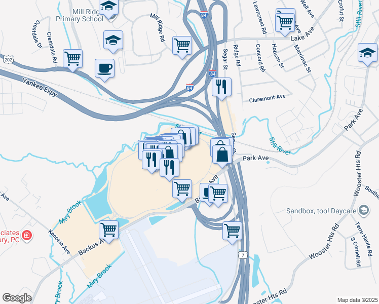 map of restaurants, bars, coffee shops, grocery stores, and more near 7 Backus Avenue in Danbury