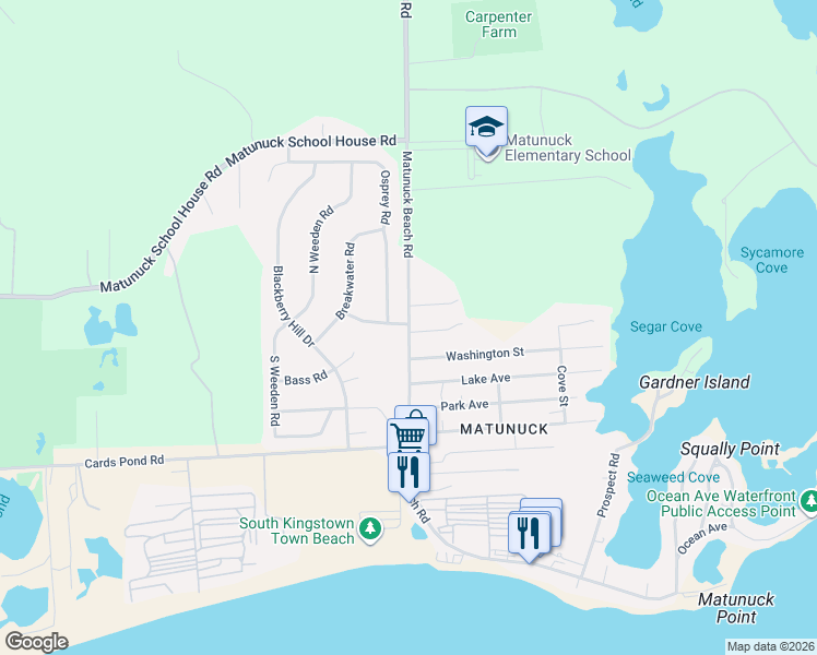 map of restaurants, bars, coffee shops, grocery stores, and more near 15 Osprey Road in South Kingstown