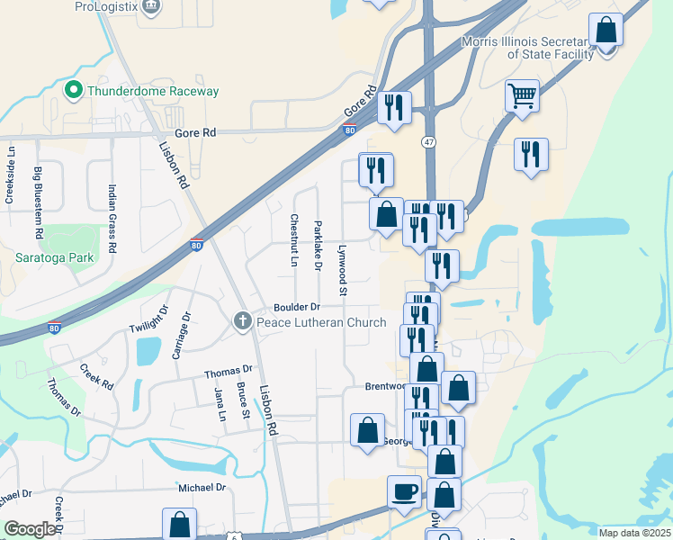 map of restaurants, bars, coffee shops, grocery stores, and more near 2325 Lynwood Street in Morris