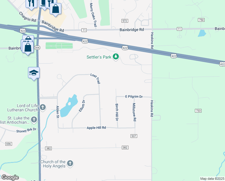 map of restaurants, bars, coffee shops, grocery stores, and more near 17930 Birch Hill Drive in Chagrin Falls