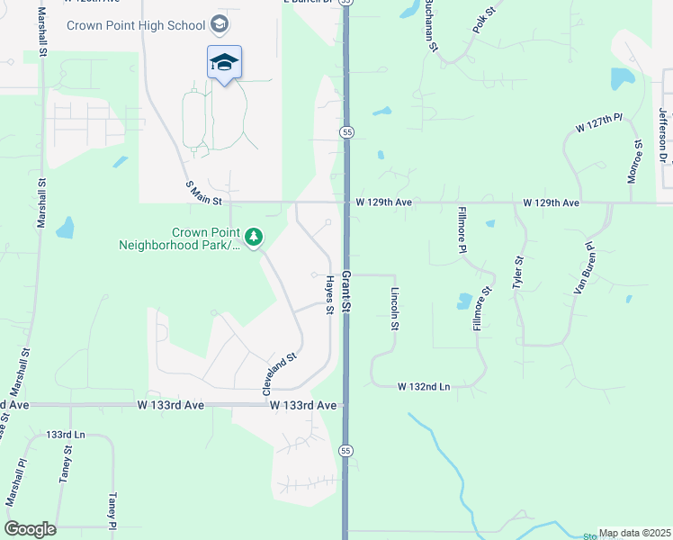 map of restaurants, bars, coffee shops, grocery stores, and more near 13003 Hayes Street in Crown Point