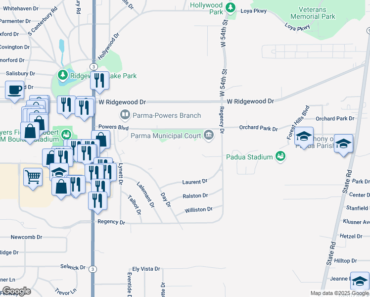 map of restaurants, bars, coffee shops, grocery stores, and more near 6115 Powers Boulevard in Parma