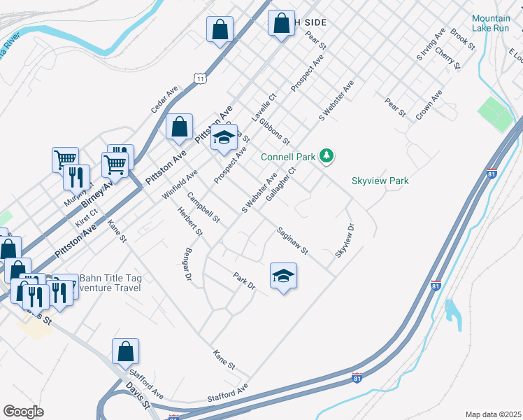 map of restaurants, bars, coffee shops, grocery stores, and more near 2253-2255 South Webster Avenue in Scranton