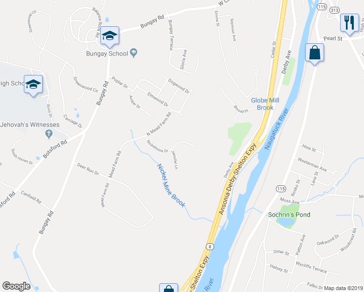 map of restaurants, bars, coffee shops, grocery stores, and more near 23 Holbrook Road in Seymour