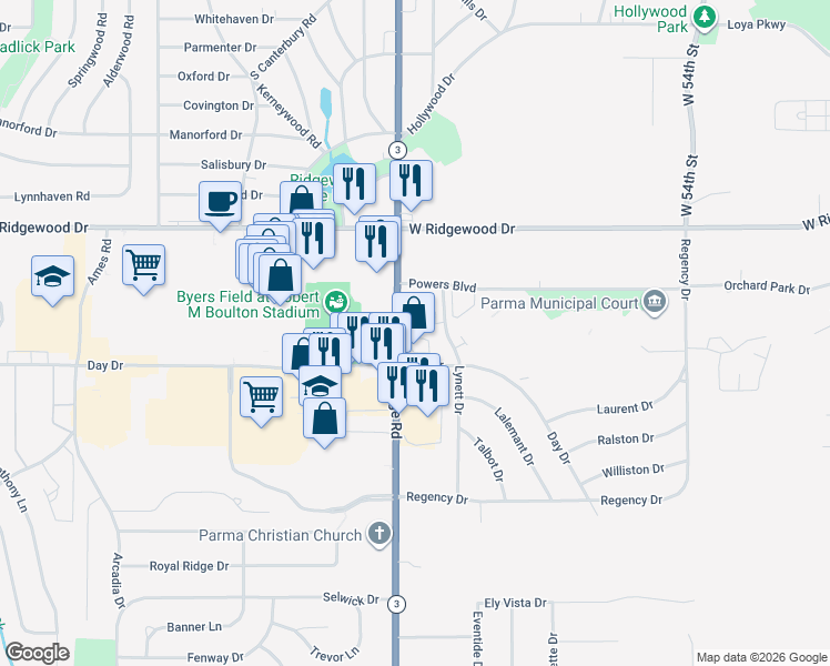 map of restaurants, bars, coffee shops, grocery stores, and more near 6731 Ridge Road in Parma
