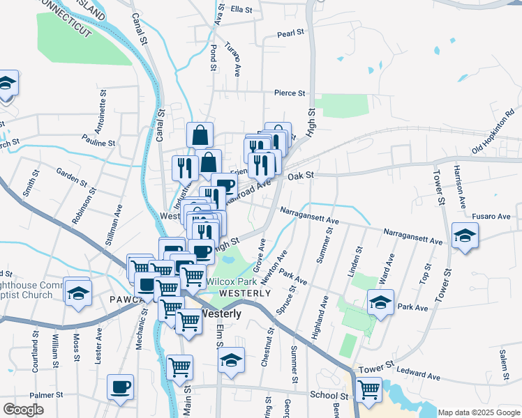map of restaurants, bars, coffee shops, grocery stores, and more near 116 High Street in Westerly