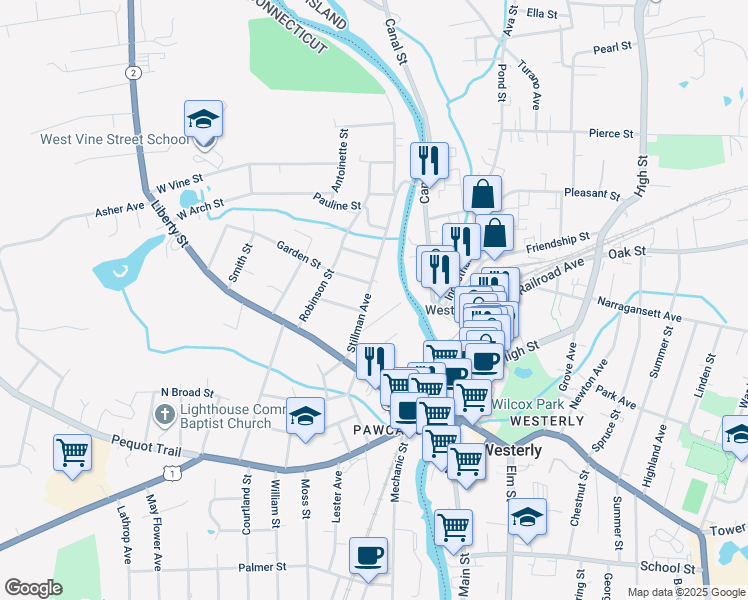 map of restaurants, bars, coffee shops, grocery stores, and more near 32 Stillman Avenue in Stonington
