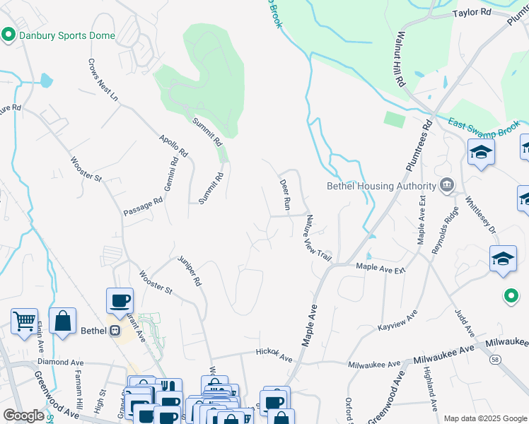 map of restaurants, bars, coffee shops, grocery stores, and more near 18 Eagle Rock Hill in Bethel