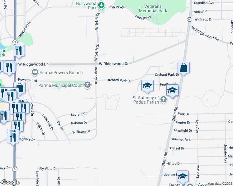 map of restaurants, bars, coffee shops, grocery stores, and more near 4909 Orchard Park Drive in Cleveland