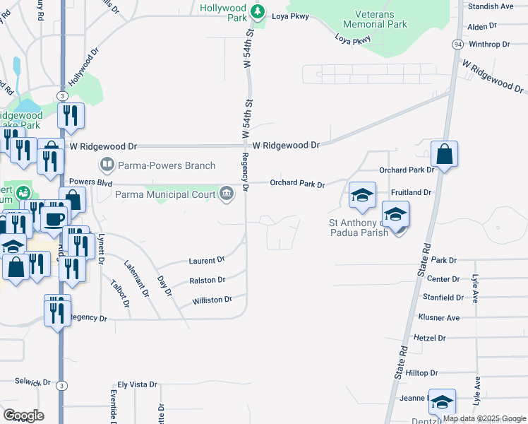 map of restaurants, bars, coffee shops, grocery stores, and more near 5255 Regency Drive in Parma