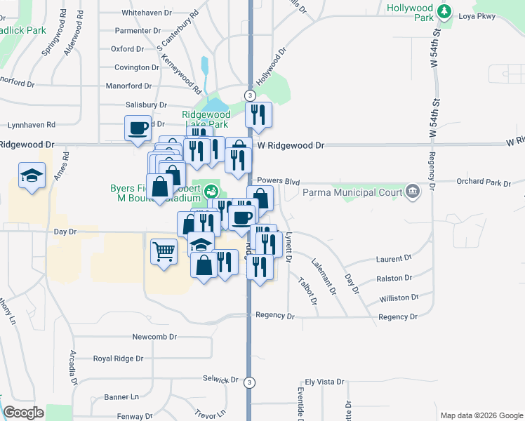 map of restaurants, bars, coffee shops, grocery stores, and more near 6731 Ridge Road in Parma