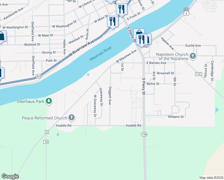 map of restaurants, bars, coffee shops, grocery stores, and more near 804 Daggett Avenue in Napoleon
