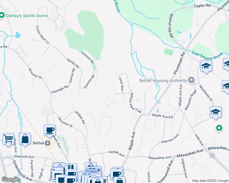 map of restaurants, bars, coffee shops, grocery stores, and more near 18 Eagle Rock Hill in Bethel