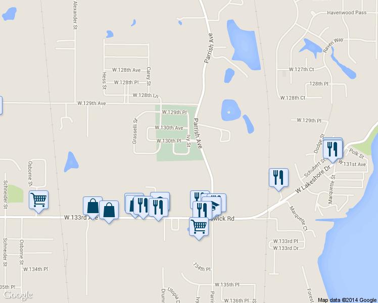map of restaurants, bars, coffee shops, grocery stores, and more near 14836 Ivy St in Cedar Lake