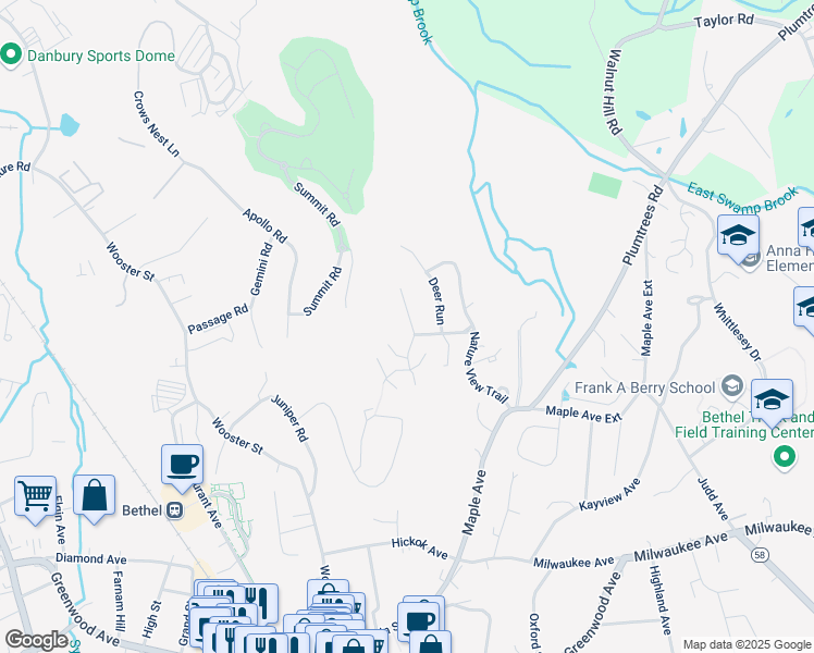 map of restaurants, bars, coffee shops, grocery stores, and more near 10 Eagle Rock Hill in Bethel