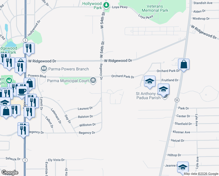 map of restaurants, bars, coffee shops, grocery stores, and more near 5300 Heather Field Circle in Parma