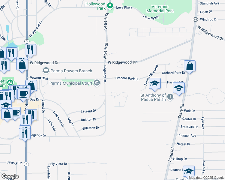 map of restaurants, bars, coffee shops, grocery stores, and more near 5300 Heather Field Circle in Parma