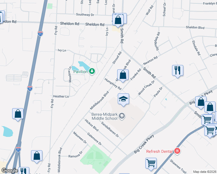 map of restaurants, bars, coffee shops, grocery stores, and more near 6813 Stroud Road in Middleburg Heights