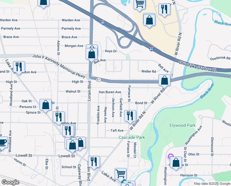 map of restaurants, bars, coffee shops, grocery stores, and more near 328 Louisiana Avenue in Elyria