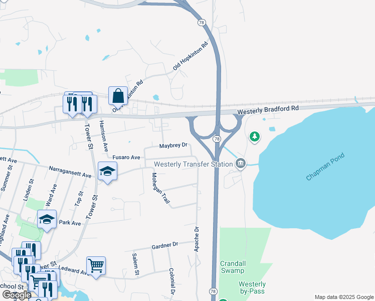 map of restaurants, bars, coffee shops, grocery stores, and more near 24 Maybrey Drive in Westerly