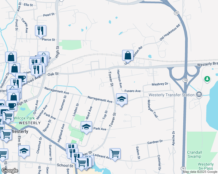 map of restaurants, bars, coffee shops, grocery stores, and more near 132 Tower Street in Westerly