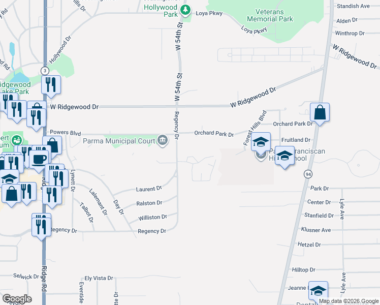 map of restaurants, bars, coffee shops, grocery stores, and more near 5255 Regency Drive in Parma