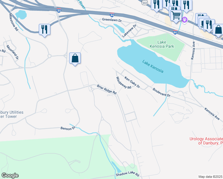 map of restaurants, bars, coffee shops, grocery stores, and more near 217 Avalon Lake Road in Danbury