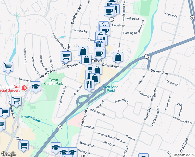 map of restaurants, bars, coffee shops, grocery stores, and more near 2313 Whitney Avenue in Hamden