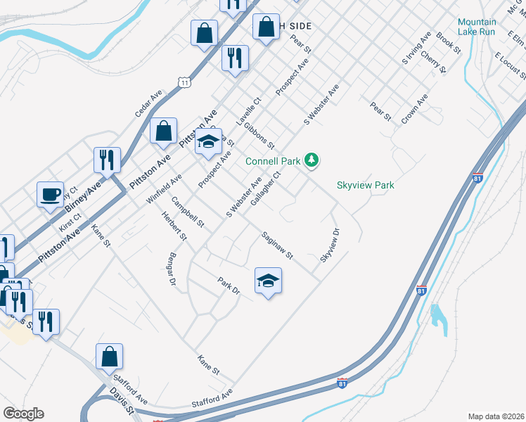 map of restaurants, bars, coffee shops, grocery stores, and more near 709 Connell Street in Scranton