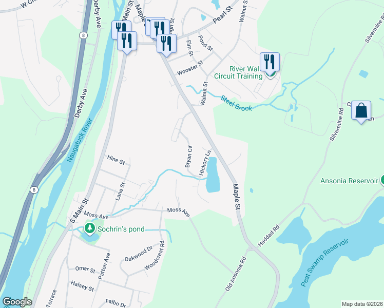 map of restaurants, bars, coffee shops, grocery stores, and more near 6 Bryan Circle in Seymour