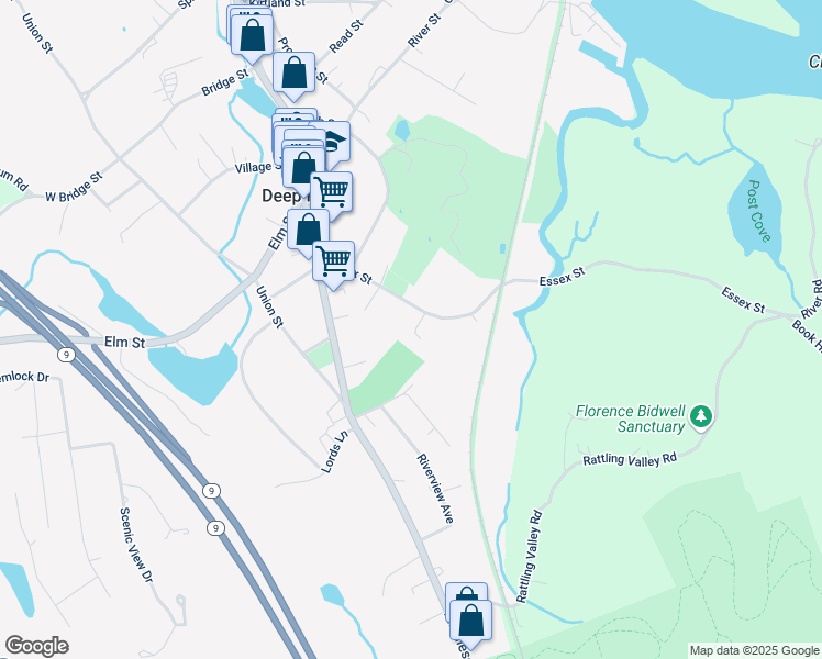 map of restaurants, bars, coffee shops, grocery stores, and more near 52 Essex Street in Deep River