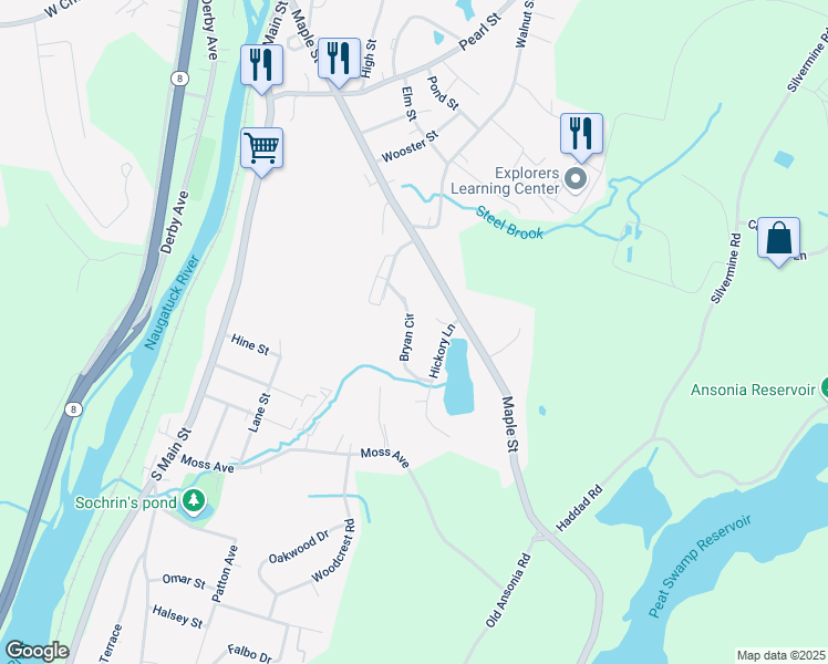 map of restaurants, bars, coffee shops, grocery stores, and more near 10 Reservoir Manor in Seymour