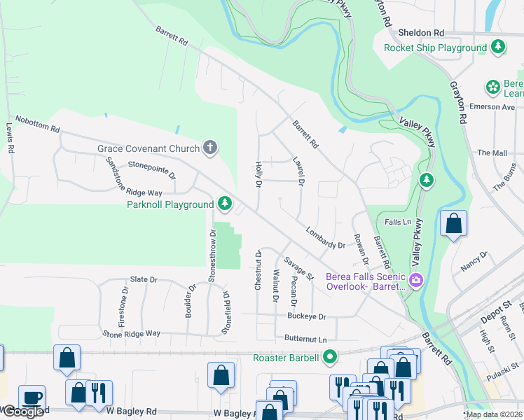 map of restaurants, bars, coffee shops, grocery stores, and more near 445 Lombardy Drive in Berea
