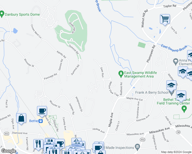 map of restaurants, bars, coffee shops, grocery stores, and more near 1-99 Eagle Rock Hill in Bethel