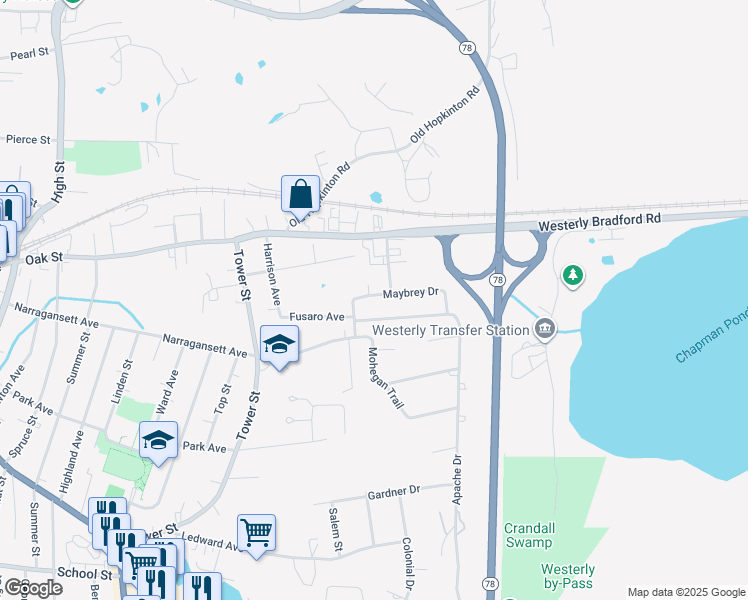 map of restaurants, bars, coffee shops, grocery stores, and more near 13 Spuchy Drive in Westerly
