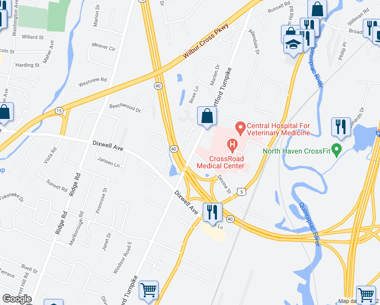 map of restaurants, bars, coffee shops, grocery stores, and more near 1298 Hartford Turnpike in North Haven