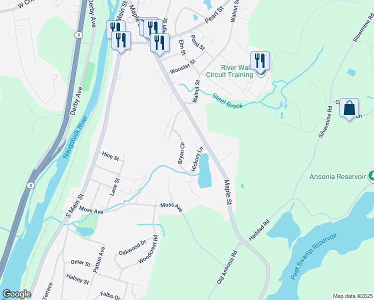 map of restaurants, bars, coffee shops, grocery stores, and more near 6 Bryan Circle in Seymour